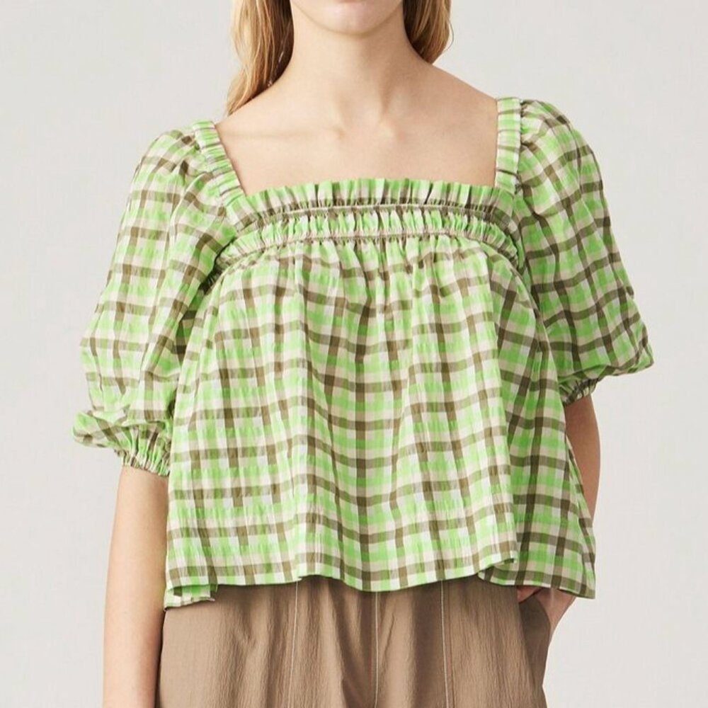 GANNI Seersucker Babydoll Blouse